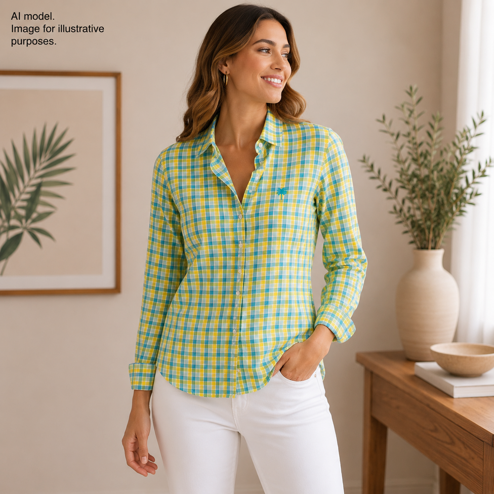 Lilly Pulitzer Shirt Womens 4 Blue Chartreuse Graph Check Plaid Cotton Button